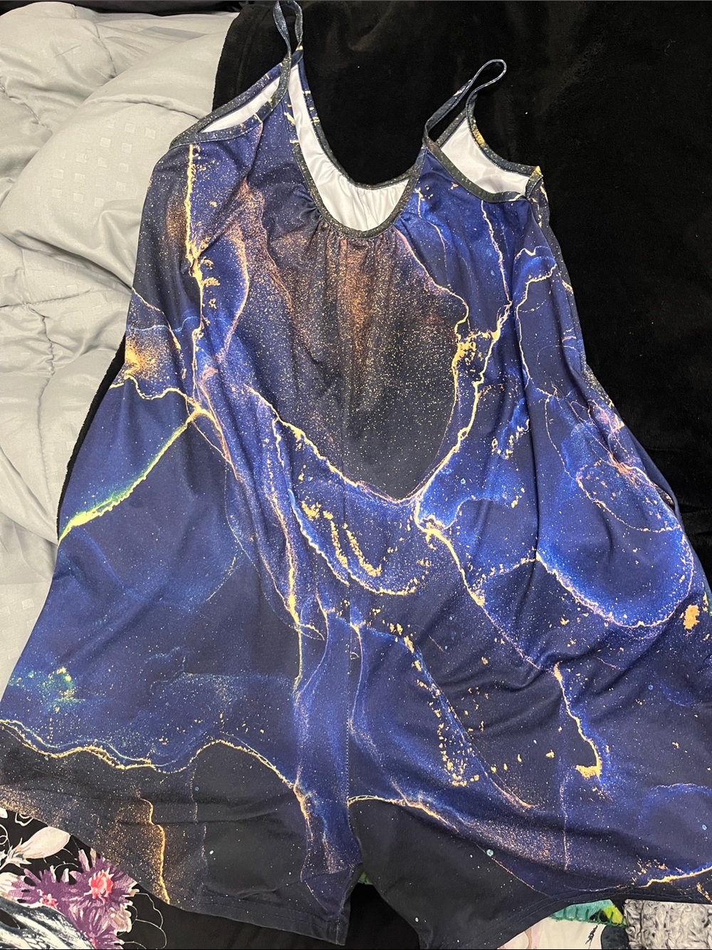Blue Marble-Print Romper with Gold Veining